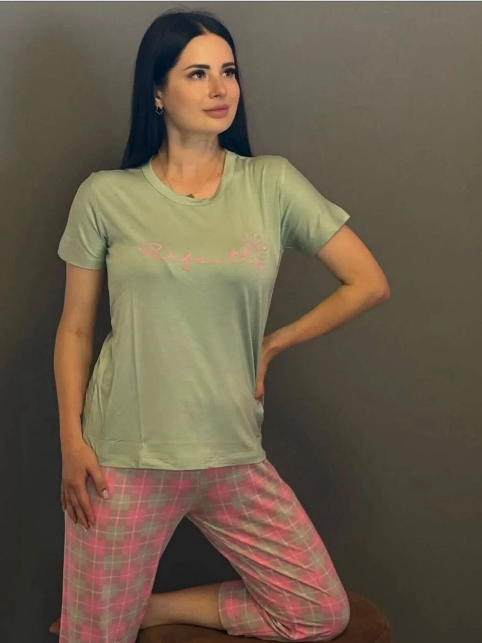 Bambu Kısa Kol- Kapri Pijama Takımı Su Yeşili-Pembe Ekose - Görsel 2