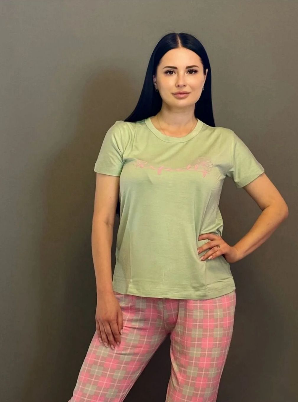 Bambu Kısa Kol- Kapri Pijama Takımı Su Yeşili-Pembe Ekose - Görsel 3