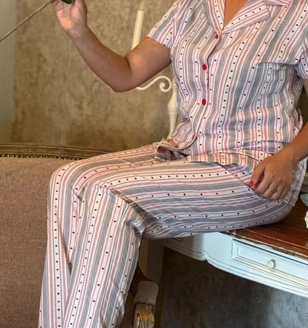 Pamuklu Kısa Kollu Önden Düğmeli Pijama Takımı - Görsel 3