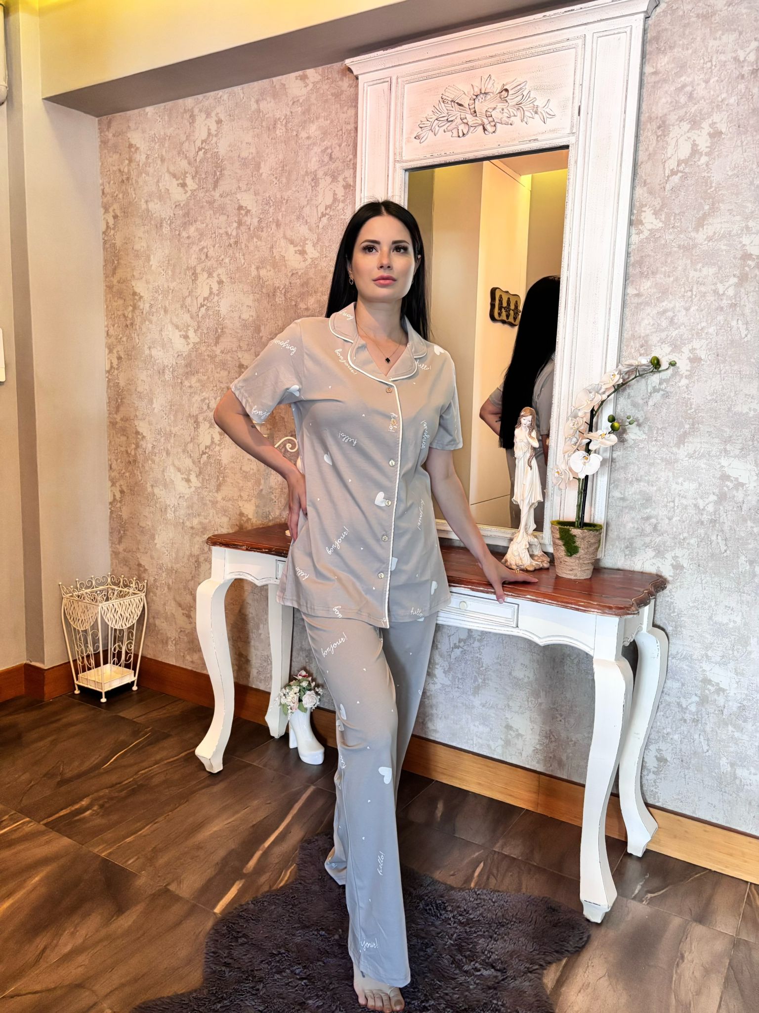 Kalp Dokunuşu | Süprem Kumaş Önden Düğmeli Pijama Takımı – - Görsel 2