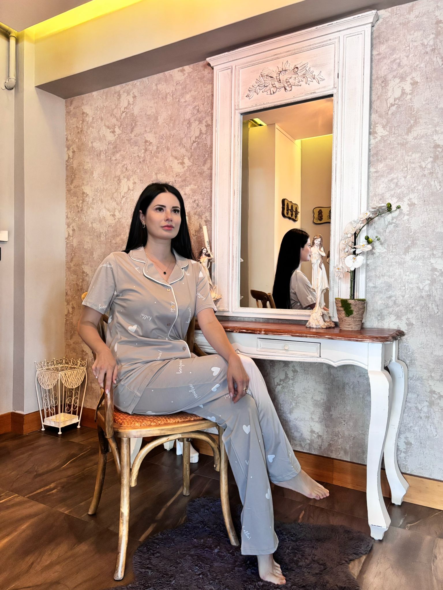 Kalp Dokunuşu | Süprem Kumaş Önden Düğmeli Pijama Takımı – - Görsel 3