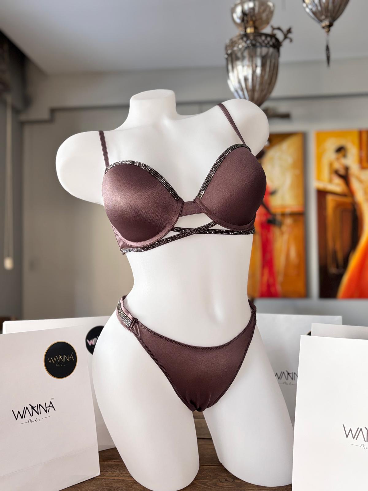 Kahve Işıltısı – Taş Şeritli Mikro Kumaş Sütyen Takımı - Görsel 2