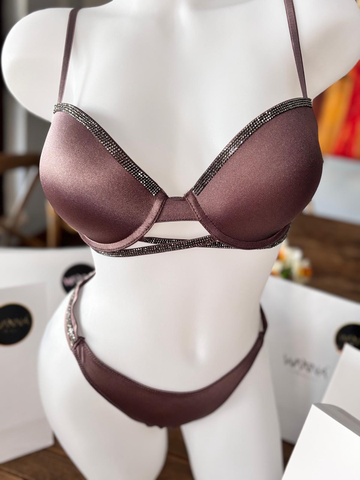 Kahve Işıltısı – Taş Şeritli Mikro Kumaş Sütyen Takımı