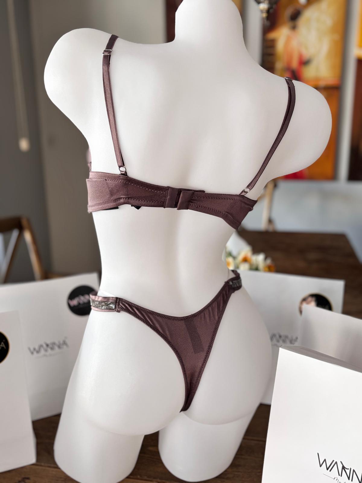 Kahve Işıltısı – Taş Şeritli Mikro Kumaş Sütyen Takımı - Görsel 5