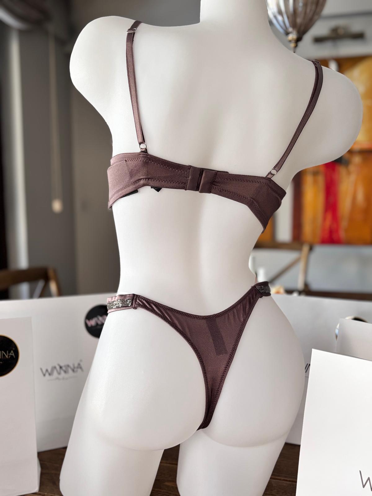 Kahve Işıltısı – Taş Şeritli Mikro Kumaş Sütyen Takımı - Görsel 6